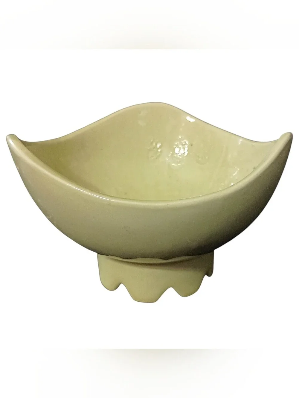 Vtg USA Pottery Planter Vase Bowl Pedestal Ikebana MCM Asymmetrical Chartreuse